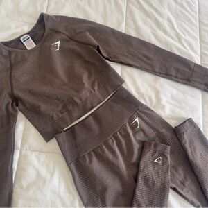 Gymshark Brown Workout Set — Seamless Long Sleeve Crop Top & High-Waist Leggings